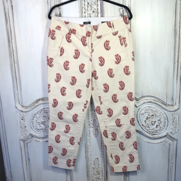 LOFT Ann Taylor Marisa Ankle Pink Paisley Print on Cream Straight Leg Pants - Picture 1 of 11